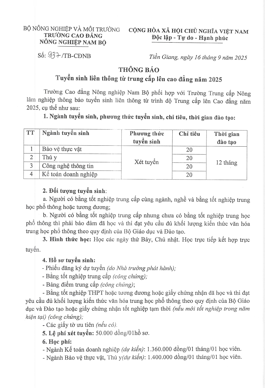 Thông báo tuyển sinh liên thông trung cấp lên cao đẳng ngành: Bảo vệ thực vật, Thú y, Công nghệ thông tin, Kế toán doanh nghiệp